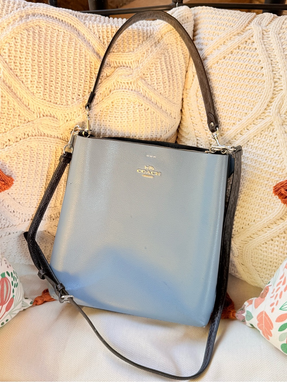 Coach Blue Leather Shoulder Bag with Dark Brown Straps
